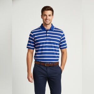 Brooks Brothers Polo Shirt Mens Large L Blue Striped Short Sleeve Stretch Golf